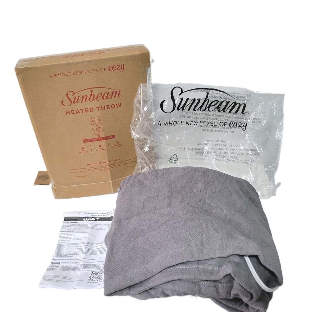 Sunbeam Heated Throw Blanket Gray Fleece 4 Heat Settings 4 Hour Auto-Off